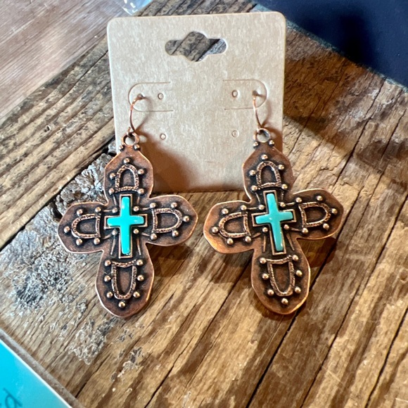 ⚙️3For$30⚙️ NEW Turquoise Copper-tone Cross Western Earrings - Picture 3 of 6